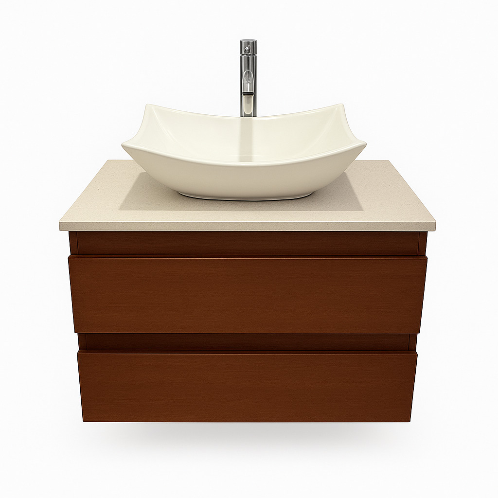 Mueble de baño de madera nogal con cubierta de mármol beige y lavabo blanco rectangular